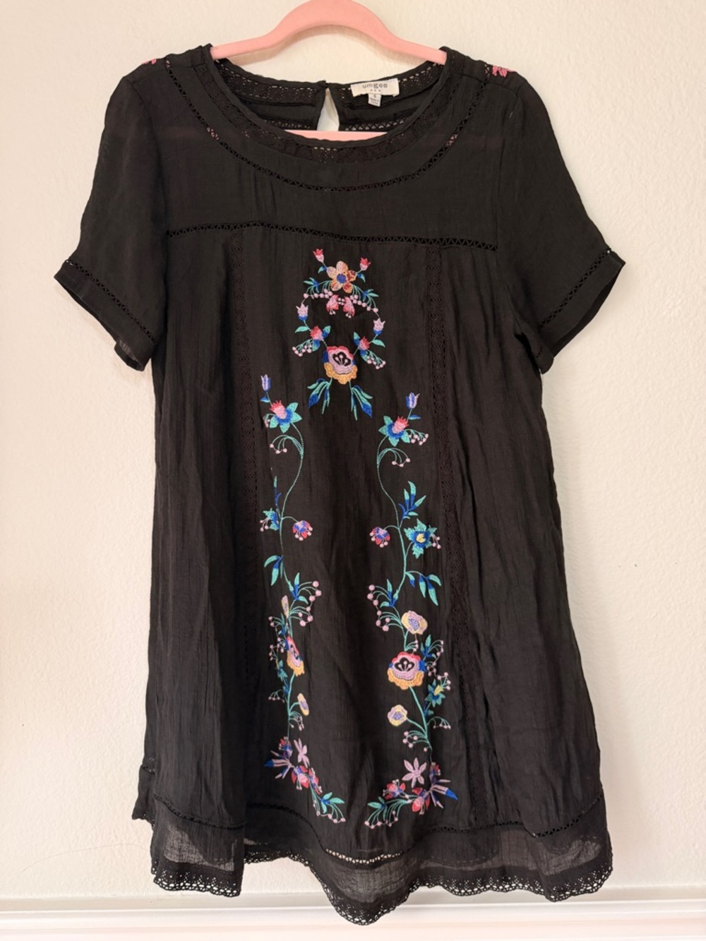 Whimsigoth Embroidered Black Boho Floral Witch Fairy‎ Soft Goth Lace Muse Dress